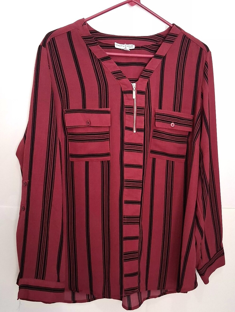 Magenta and Black Striped Zip-Front Blouse Size 2X NOTATIONS